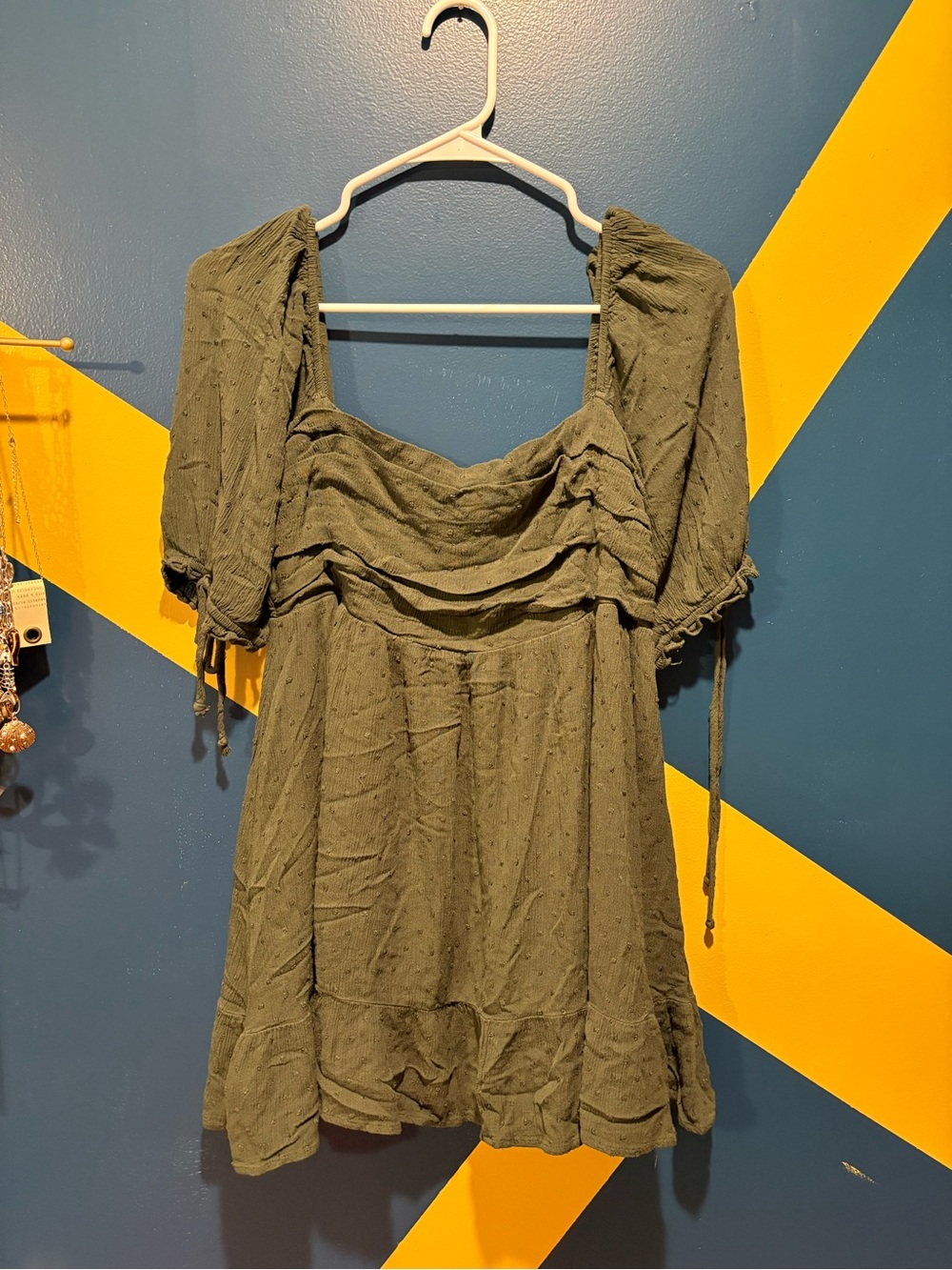 Mi Ami Dark Green Short Sleeve Square Neck Mini Dress EUC